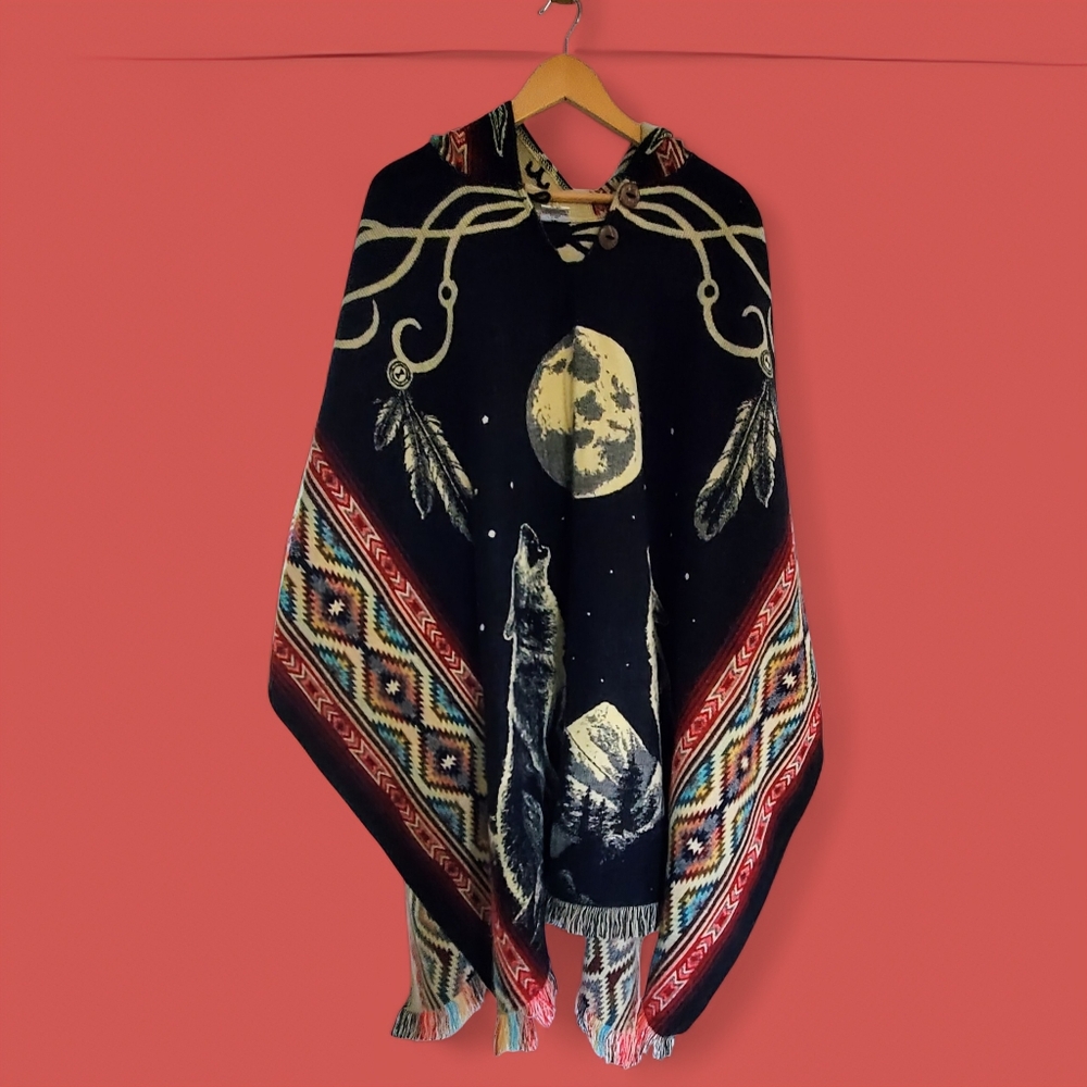 Unisex Alpaca  Reversible Wool Poncho Wolves Howling